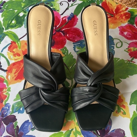 Brand New Guess Genuine Leather Black Heeled Sandals Knotted Slip-On Stilettos - Picture 3 of 16
